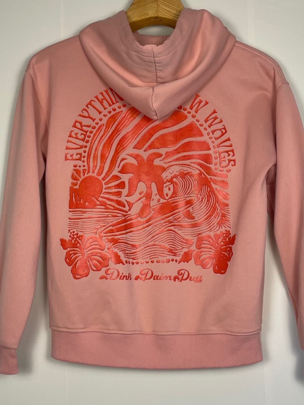 Pink Palm Puff Everything Comes In Waves Hoodie Oversized XS/S - Like New